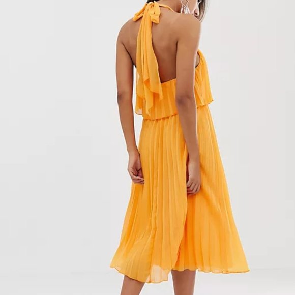 ASOS DESIGN Pleated Midi Dress Orange US 2 - Picture 2 of 4
